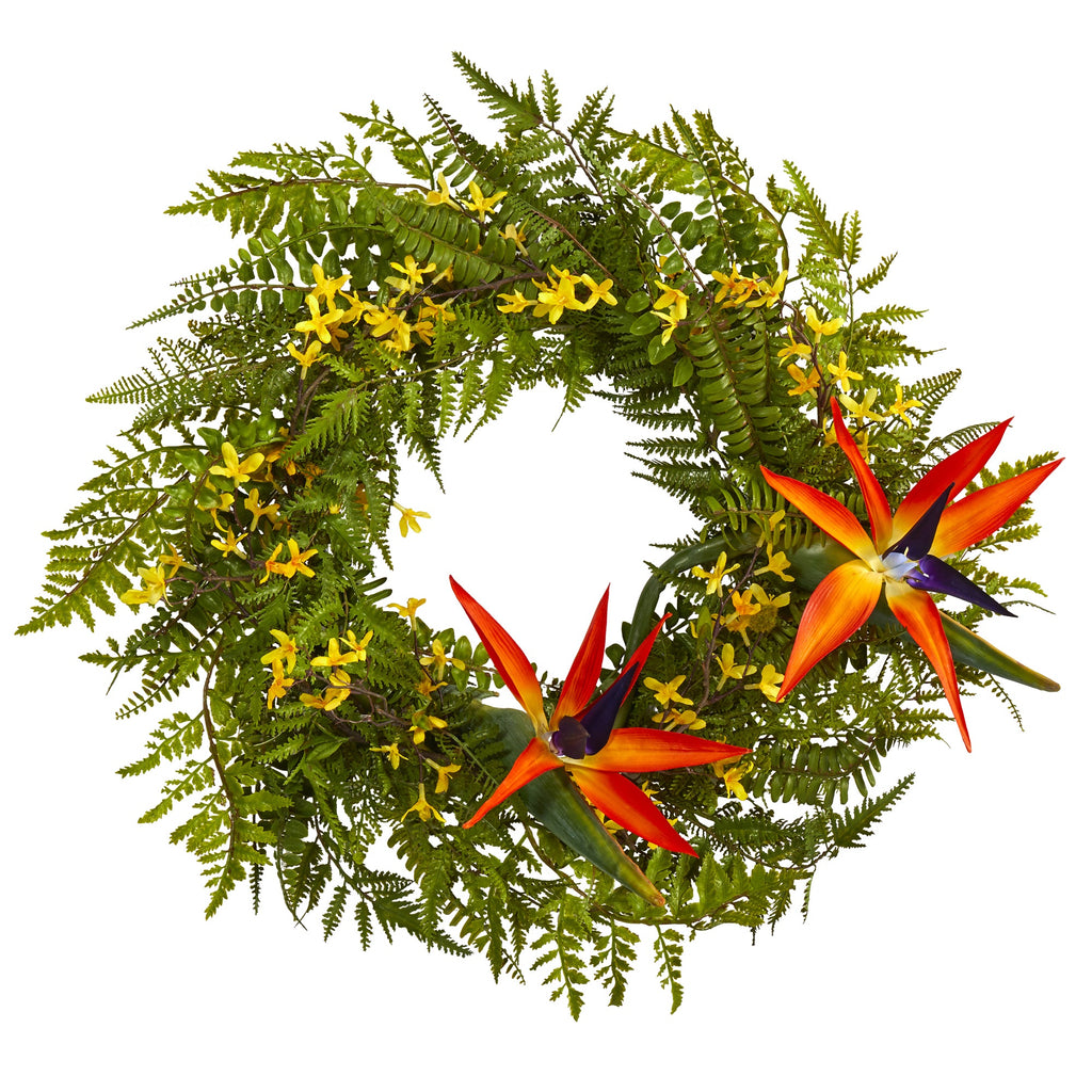 24" Mixed Fern, Forsythia and Bird of Paradise Artificial Wreath