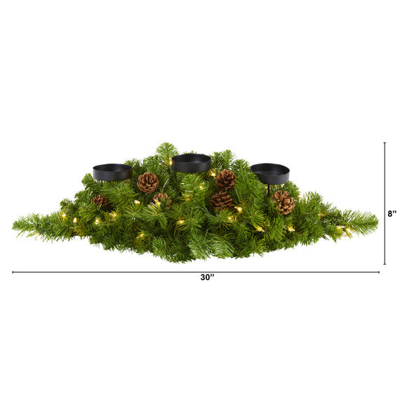 30" Christmas Artificial Pine Triple Candelabrum w/35 Clear Lights
