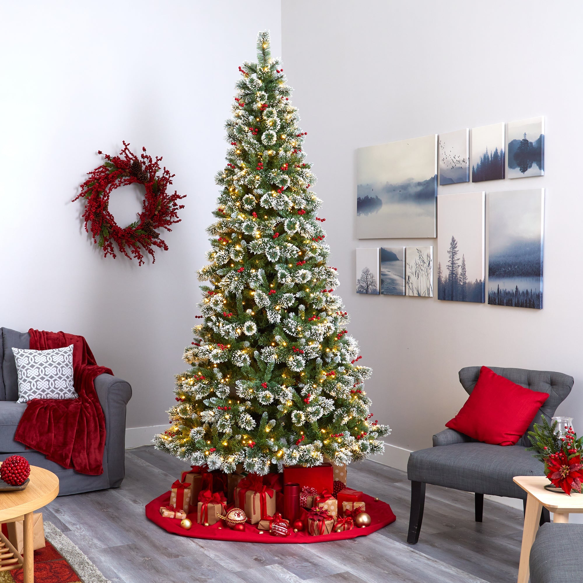 9' Frosted Swiss Pine Artificial Christmas Tree w/ 700 Clear LED Lights & Berrie