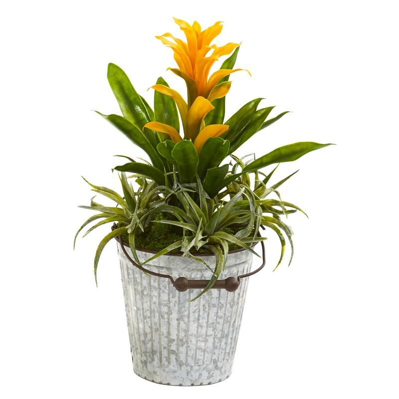 18"  Bromeliad and Succulent Artificial Plant in Metal Bucket