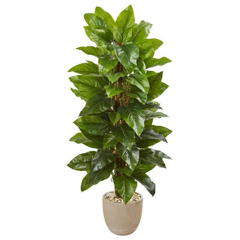 58"  Large Leaf Philodendron Artificial Plant in Sand Stone Planter (Real Touch)