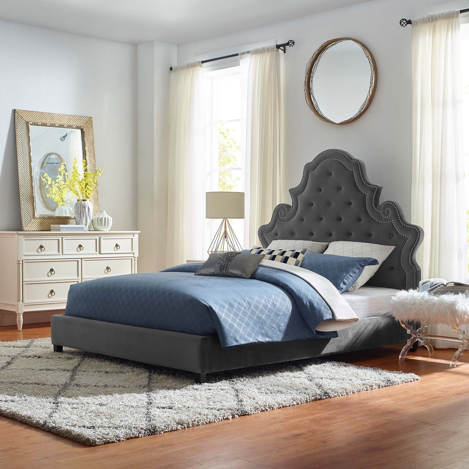 Valentina Tufted Nailhead Performance Velvet Queen Platform Bed by Modway