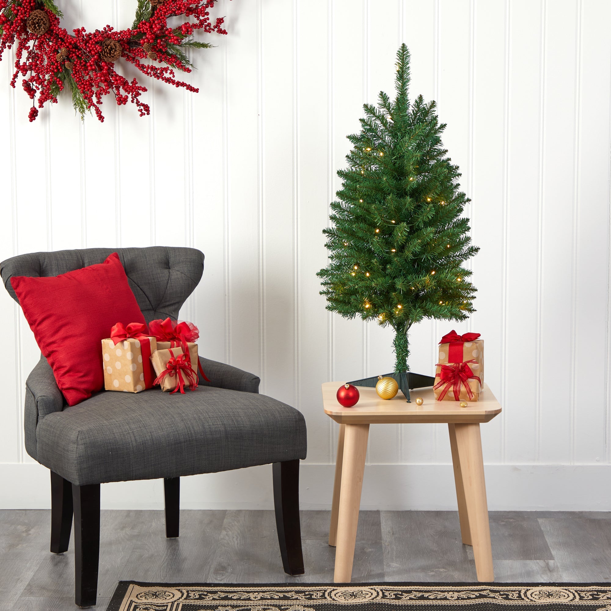 3' Slim Green Mountain Pine Artificial Christmas Tree with 50 Clear LED Lights