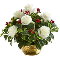 Rose and Variegated Holly Leaf Artificial Arrangement in Gold Bowl