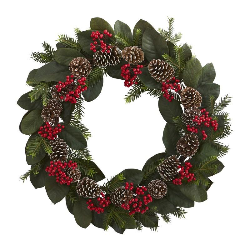 30"  Magnolia Leaf, Berry, Pine and Pine Cone Artificial Wreath
