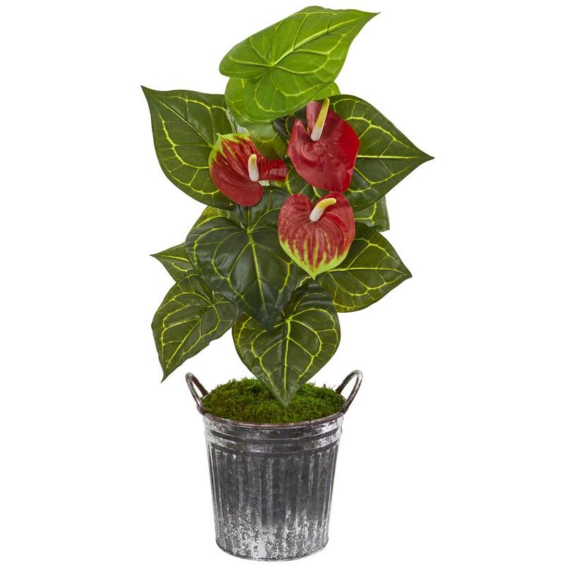 33"  Anthurium Artificial Plant in Vintage Bucket (Real Touch)