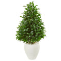 44" Bay Leaf Cone Topiary Artificial Tree in White Planter UV Resistant