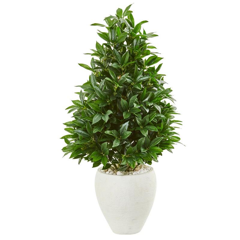 44" Bay Leaf Cone Topiary Artificial Tree in White Planter UV Resistant