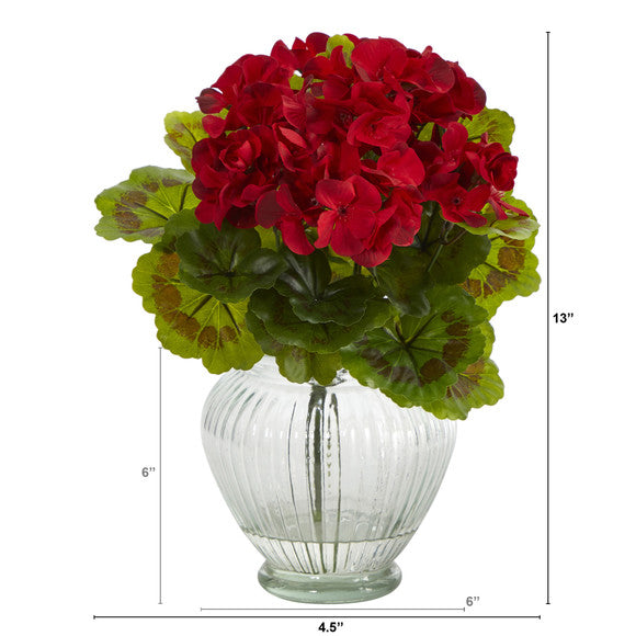 13" Geranium Artificial Plant in Glass Planter UV Resistant