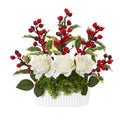 12" Rose and Holly Berry Artificial Arrangement in White Vase