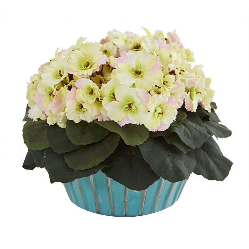 9"  African Violet Artificial Plant in Turquoise Vase