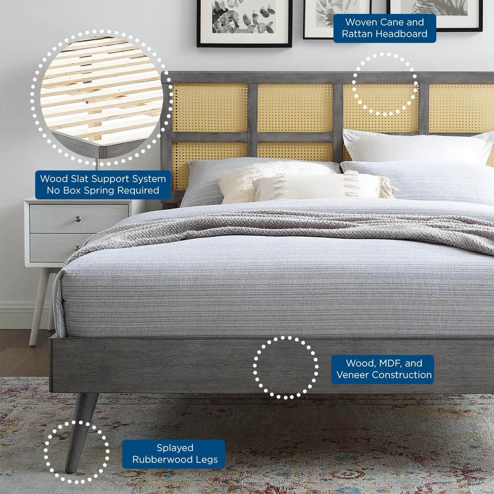 Sidney Cane and Wood Full Platform Bed With Splayed Legs by Modway