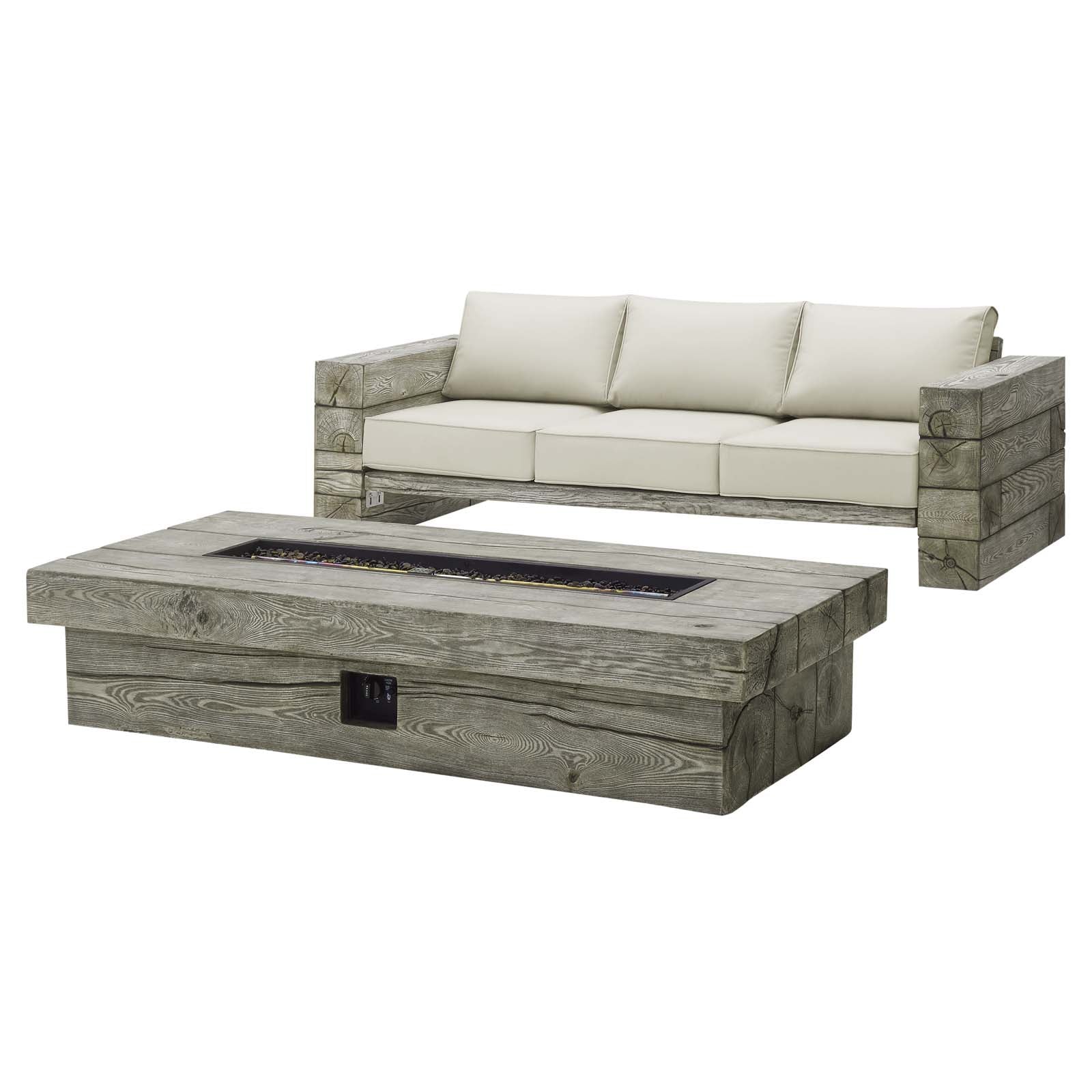 Manteo Rustic Coastal Outdoor Patio Sunbrella¨ Sofa and Fire Pit Set by Modway