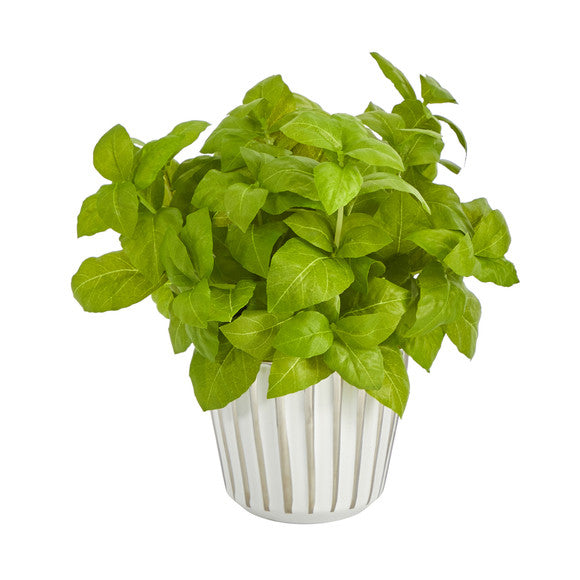 10" Basil Artificial Plant in White Planter with Silver Trimming