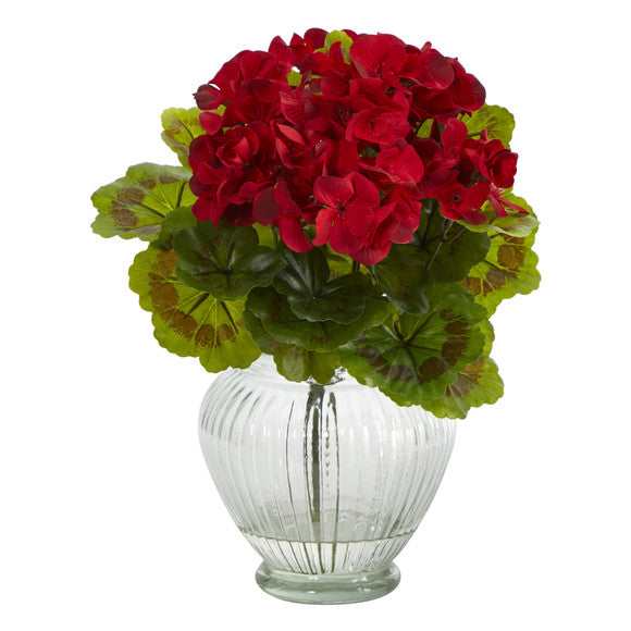13" Geranium Artificial Plant in Glass Planter UV Resistant