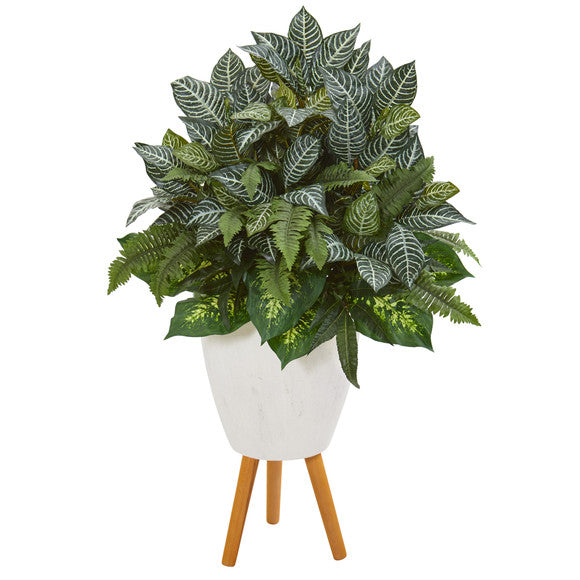 37" Mixed Greens Artificial Plant in White Planter with Stand