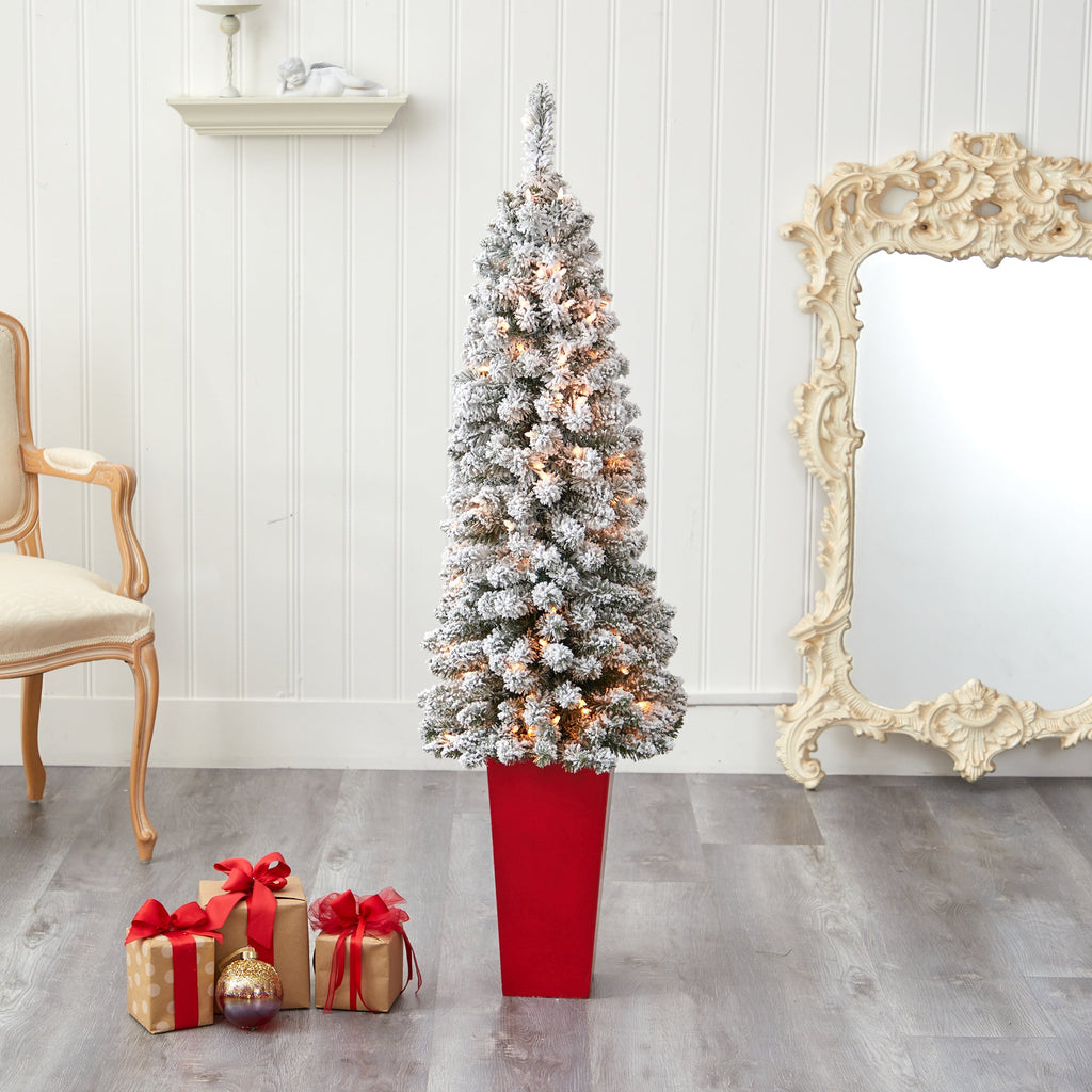 4.5' Flocked Pencil Artificial Christmas Tree w/ 100 Clear Lights & 216 Bendable