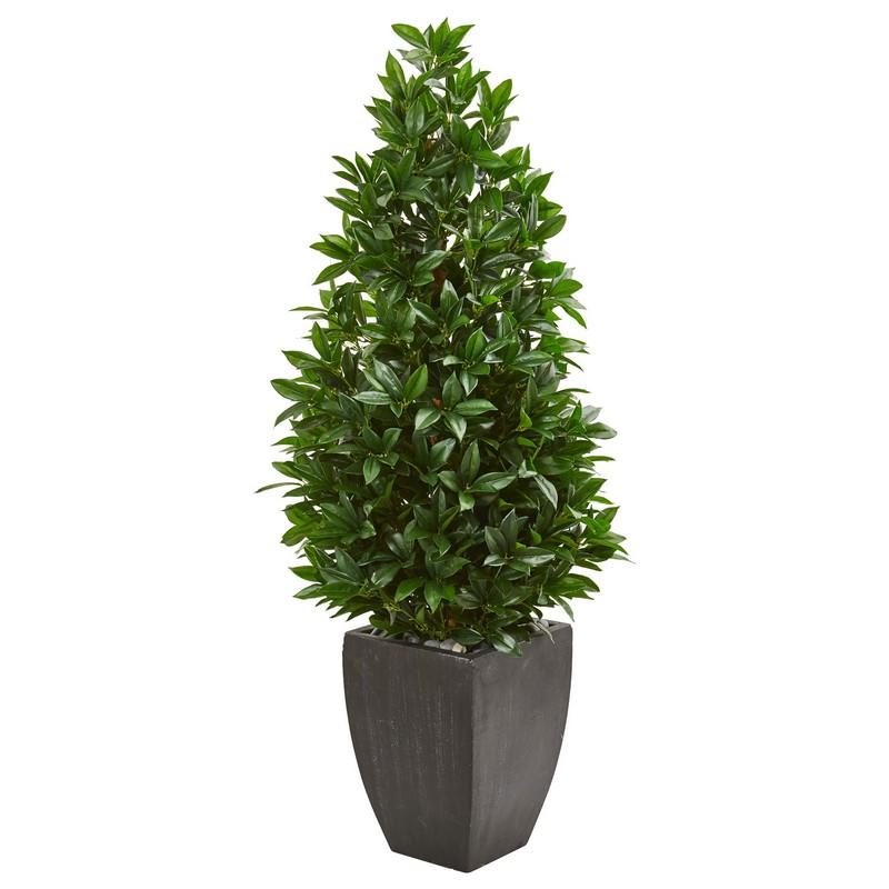 56"  Bay Leaf Cone Topiary Artificial Tree UV Resistant in Black Planter