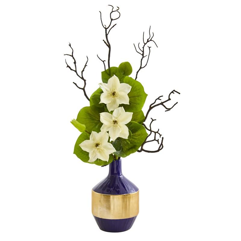 22"  Anemone and Lotus Leaf Artificial Arrangement in Vase