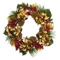 24"  Golden Hydrangea with Berries and Pine Artificial Wreath