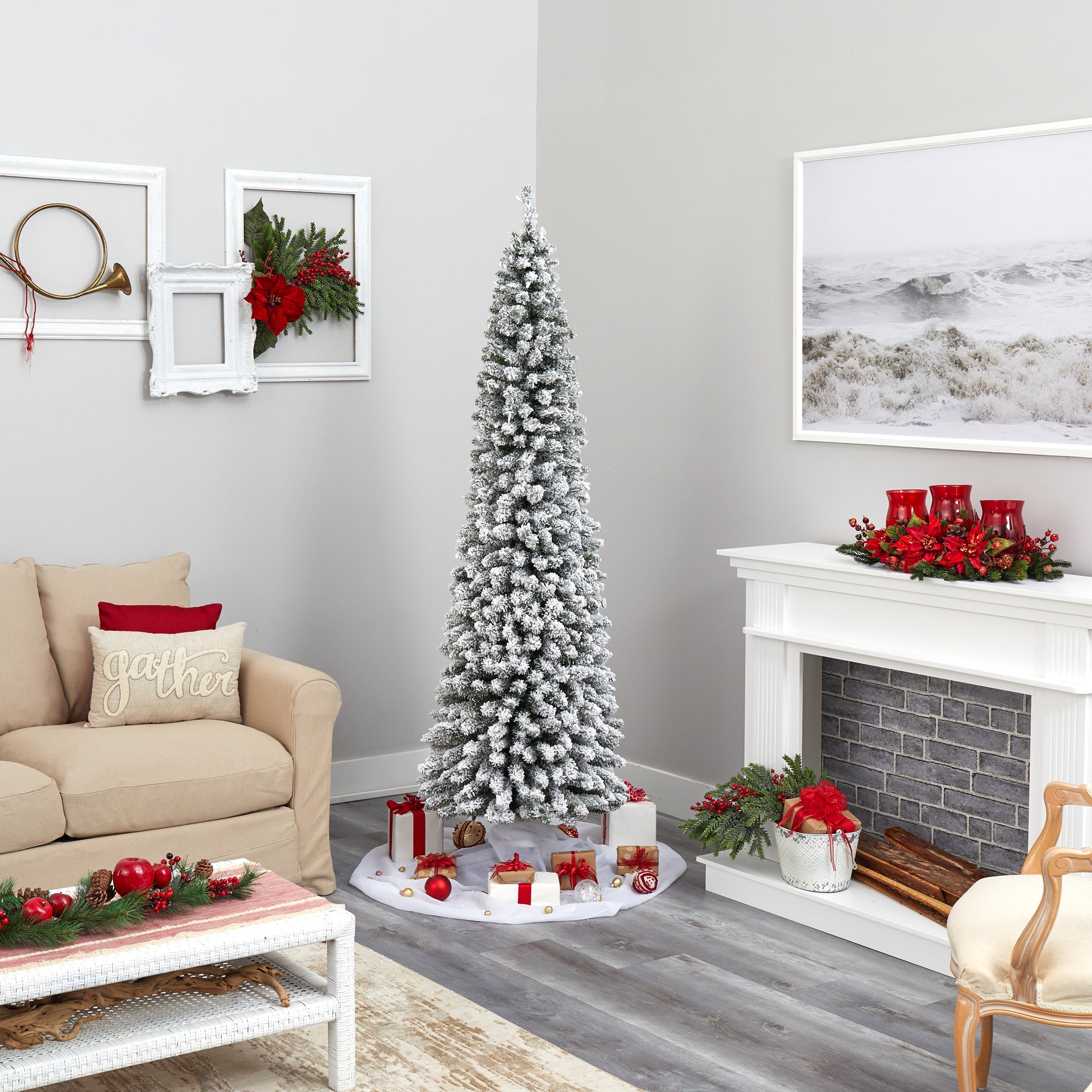 7' Flocked Pencil Artificial Christmas Tree w/ 400 Clear Lights & 574 Bendable