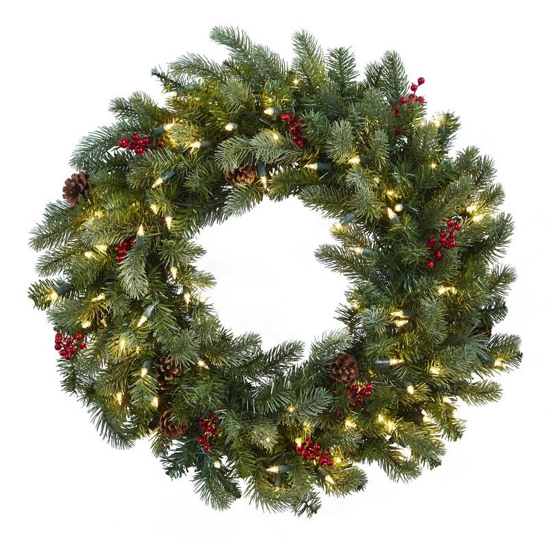 30"  Lighted Pine Wreath w/Berries & Pine Cones