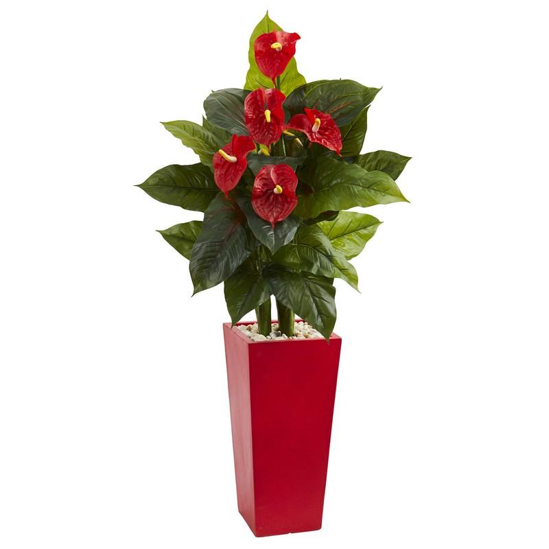 53"  Anthurium Artificial Plant in Red Tower Vase(Real Touch)