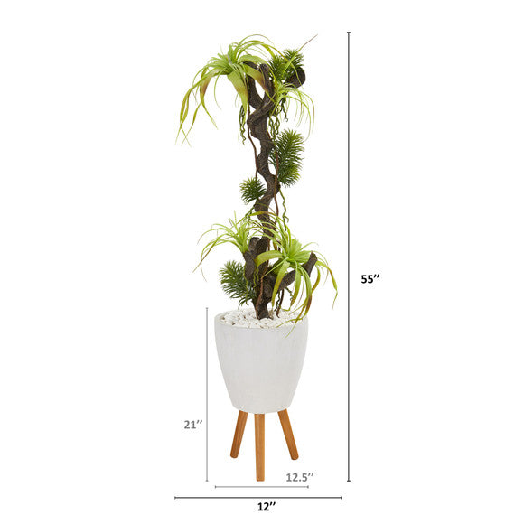 55" Tillandsia Artificial Plant in White Planter with Stand