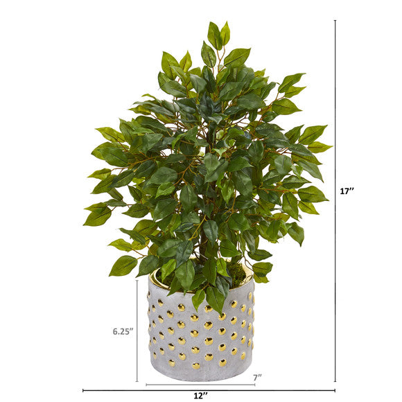 17" Mini Ficus Artificial Tree in Stoneware Vase with Gold Trimming