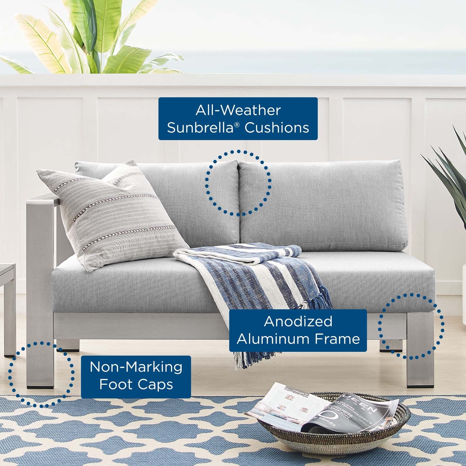 Shore Sunbrella¨ Fabric Aluminum Outdoor Patio Left-Arm Loveseat by Modway