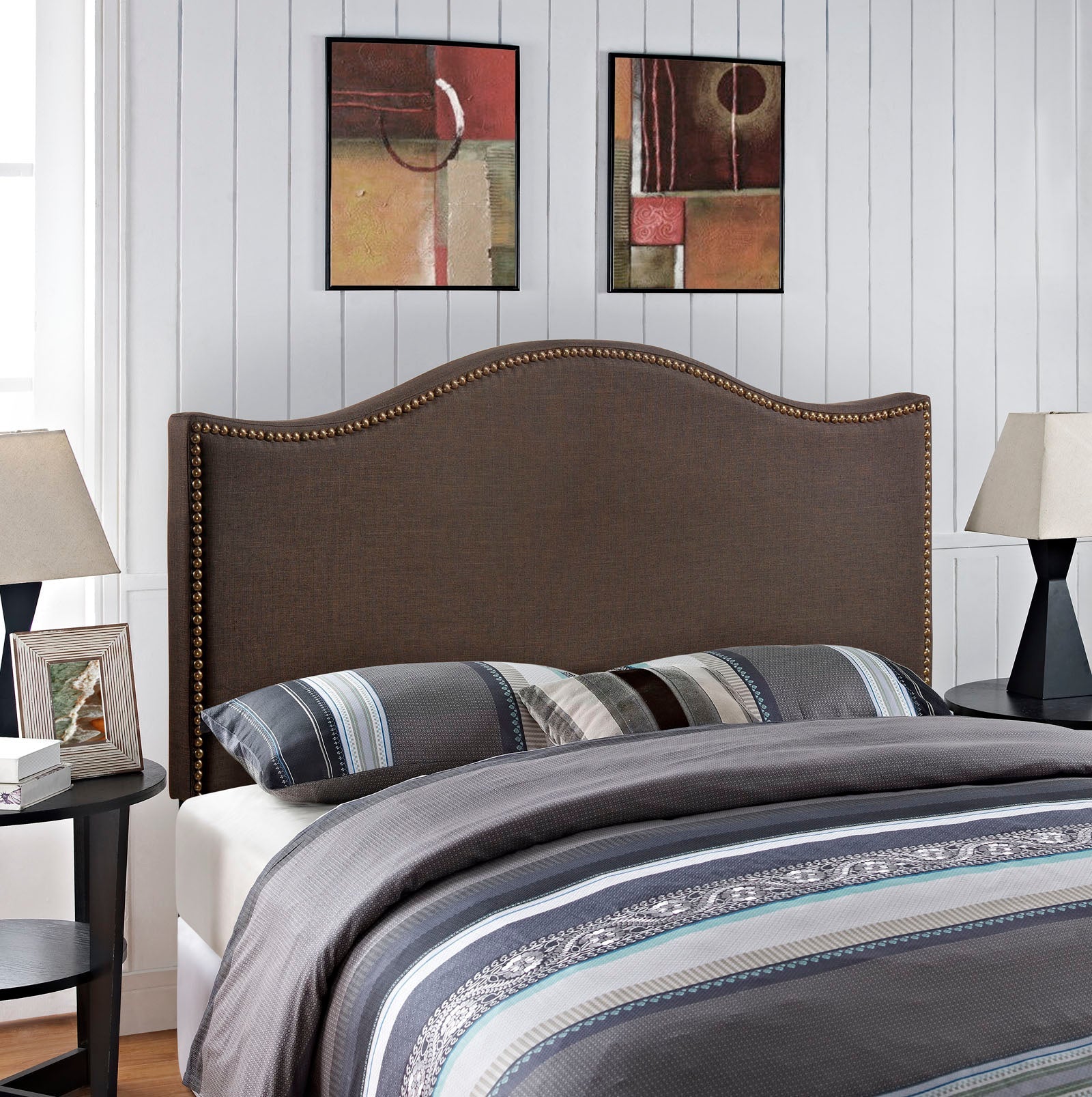 Curl Nailhead Upholstered Queen Headboard in Dark Brown