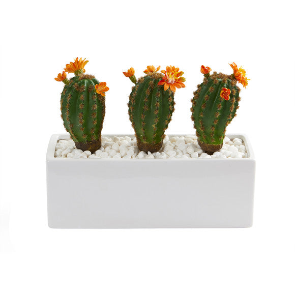 11" Cactus Succulent Artificial Plant in Glazed White Planter