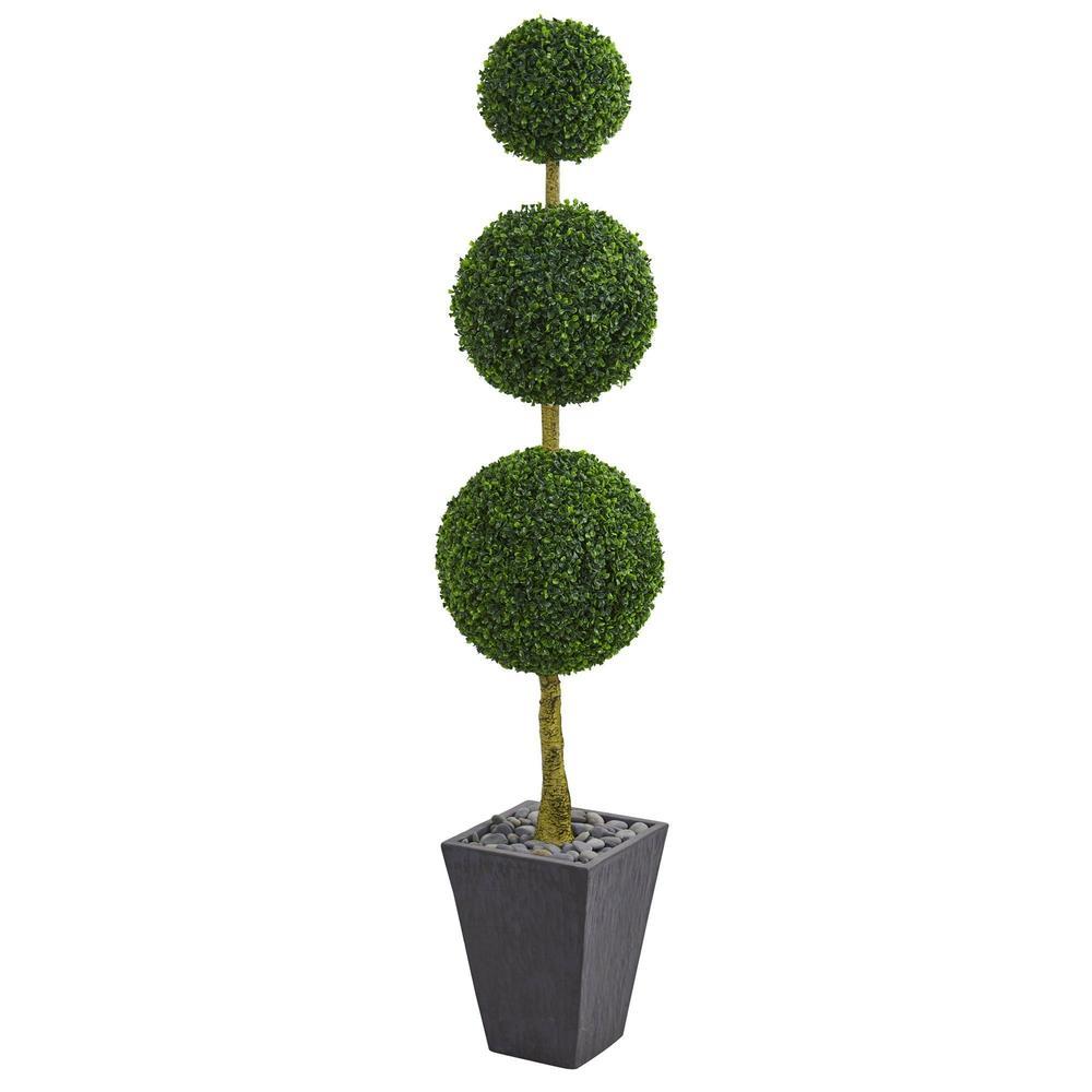 6' Boxwood Triple Ball Topiary Artificial Tree in Slate Planter UV Resistant