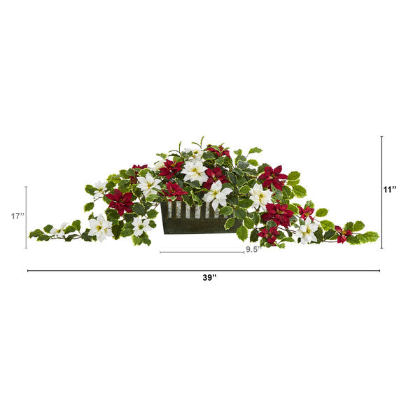 39" Poinsettia and Variegated Holly Artificial Plant in Decorative Planter