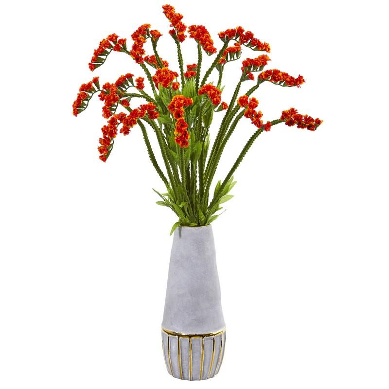 23"  Baby Breath Artificial Arrangement in Oval Vase with Gold Trimming