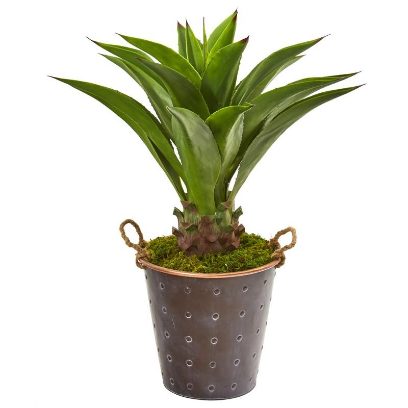 34"  Agave Artificial Plant in Decorative Metal Pail with Rope