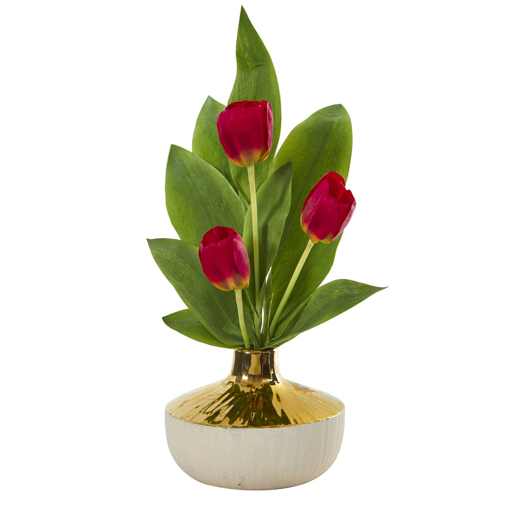 18" Tulip Artificial Arrangement in Gold and Cream Elegant Vase