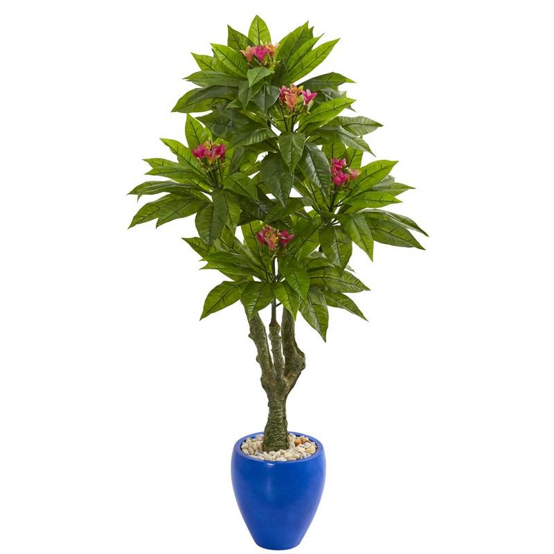 5' Plumeria Artificial Tree in Decorative Blue Planter UV Resistant