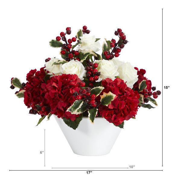 17" Rose, Hydrangea and Holly Berry Artificial Arrangement in White Vase