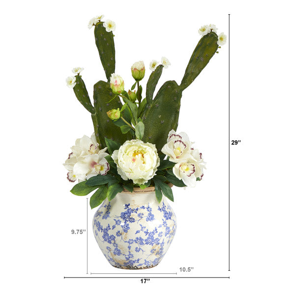 29" Cymbidium Orchid, Peony and Cactus Succulent Artificial Arrangement