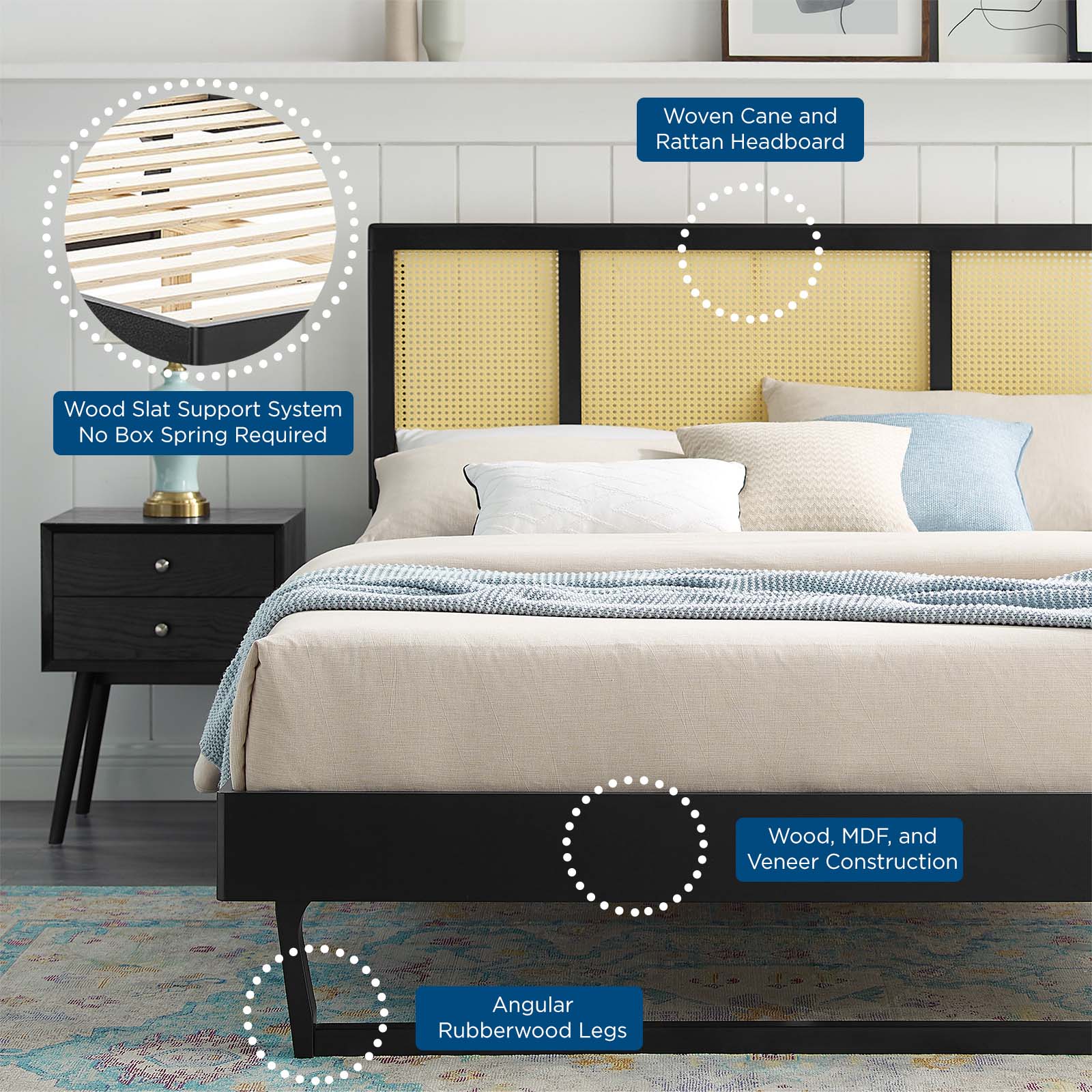 Kelsea Cane and Wood Full Platform Bed With Angular Legs by Modway