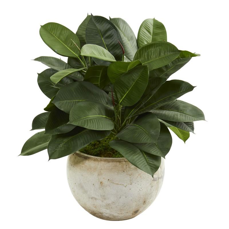 26" Artificial Rubber Plant In Stone Planter 9244 By Nearly Natural