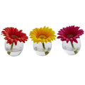 Gerbera Daisy Artificial Arrangement in Glass Vase (Set of 3)