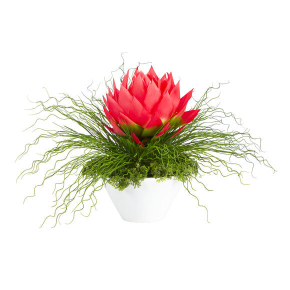 26" Musella and Grass Artificial Arrangement in White Vase