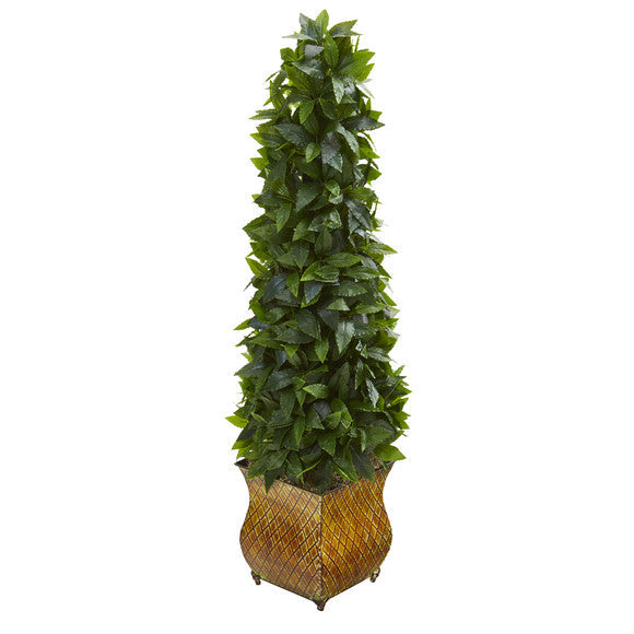 38" Sweet Bay Cone Topiary Artificial Tree in Decorative Metal Planter