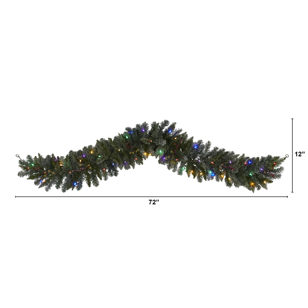 6' Flocked Artificial Christmas Garland with 50 Multicolored LED and Berries