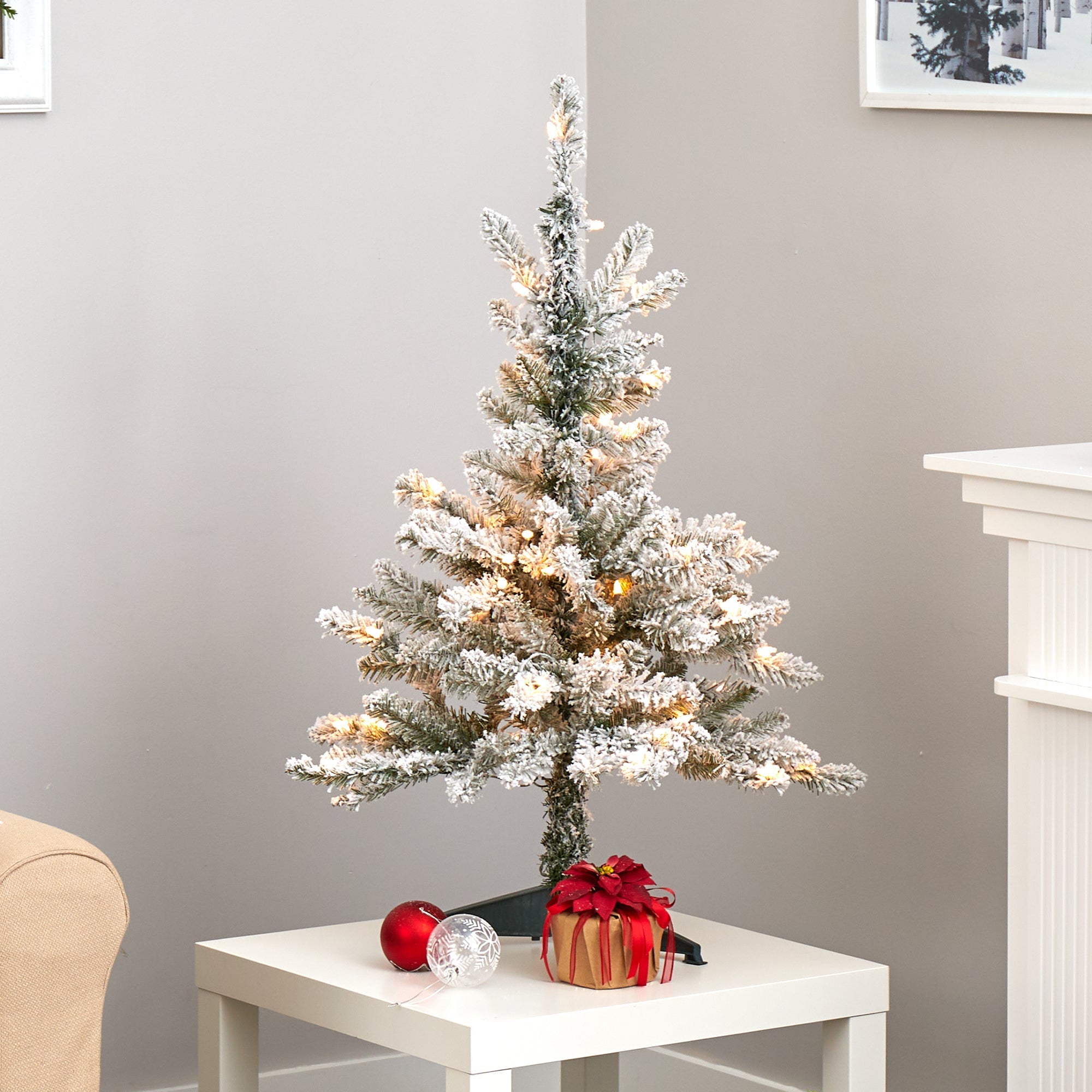 3' Flocked West Virginia Spruce Artificial Christmas Tree w/ 50 Clear Lights