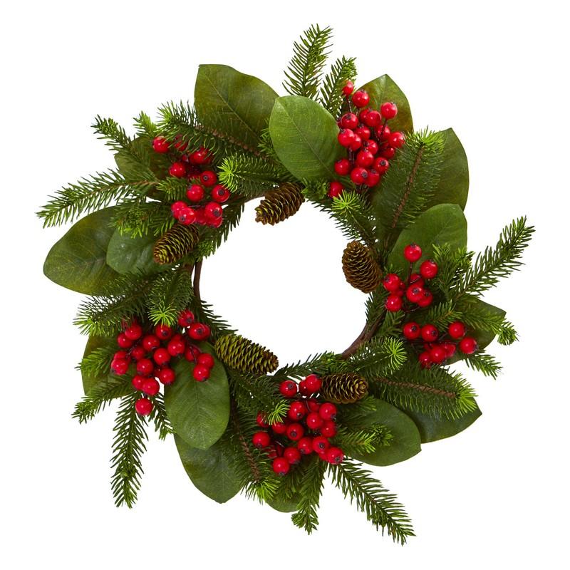 19"  Magnolia Leaf, Berry and Pine Artificial Wreath