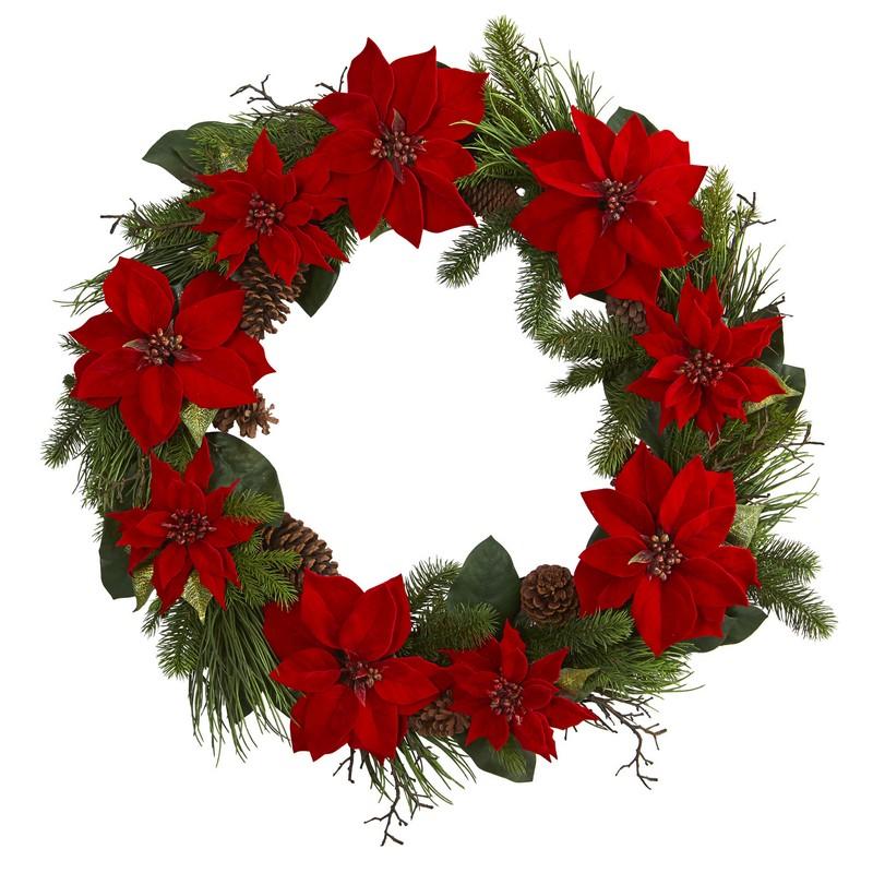 36" Poinsettia and Pine Wreath