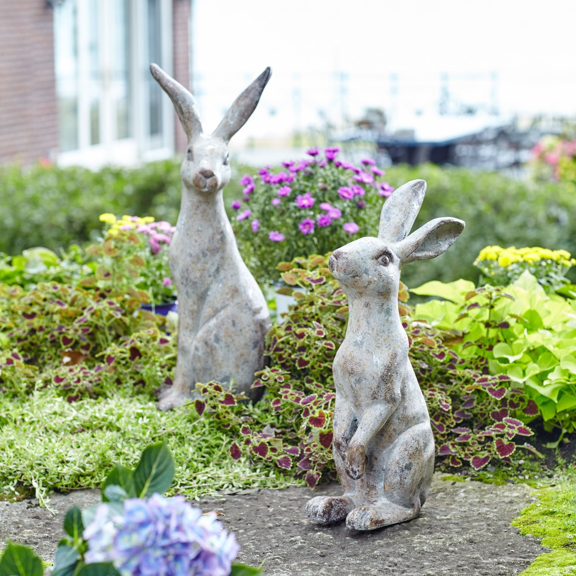 Weathered Stone Standing Garden Rabbit Figurine (Set of 2)